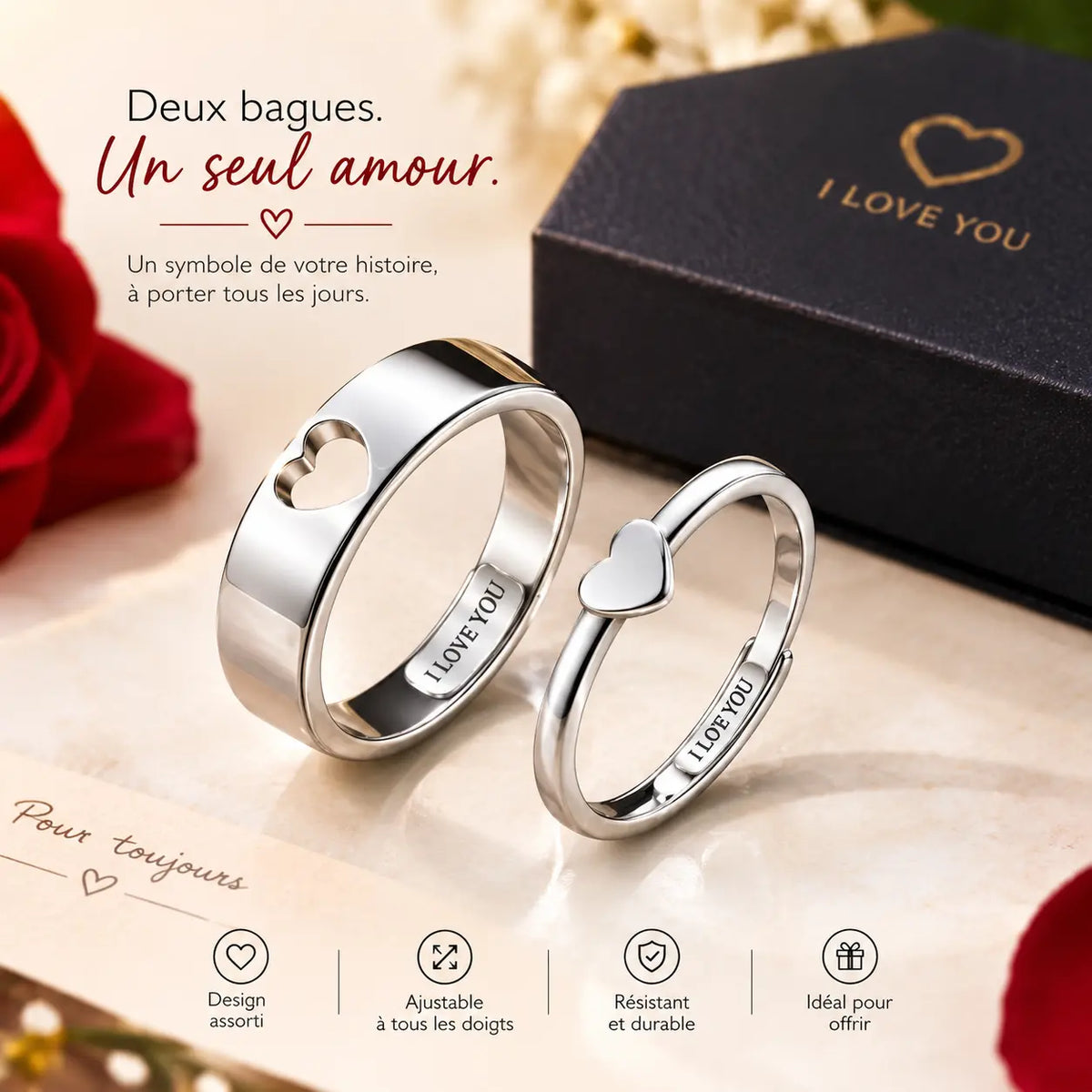 Bagues de Couple "Je T'Aime" — Set Ajustable en Argent Sterling avec Gravure Secrète