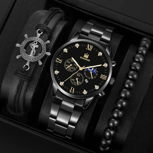 Montre homme SHAARMS + bracelets assortis (stylée, noire, cadran romain, coffret intemporel).