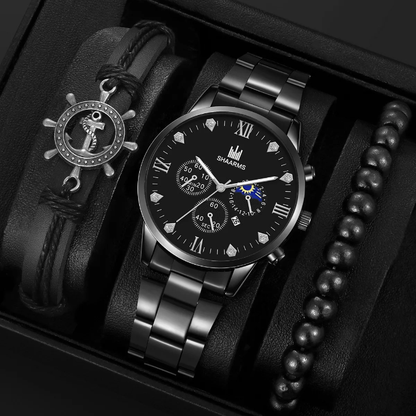 Montre homme SHAARMS + bracelets assortis (stylée, noire, cadran romain, coffret intemporel).
