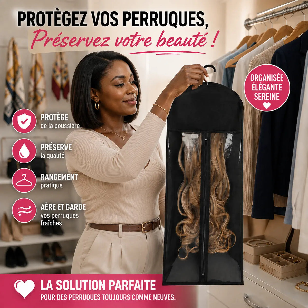 Sac de Rangement Perruque avec Cintre – Anti-Poussière, Anti-Nœuds, Toujours Prête.
