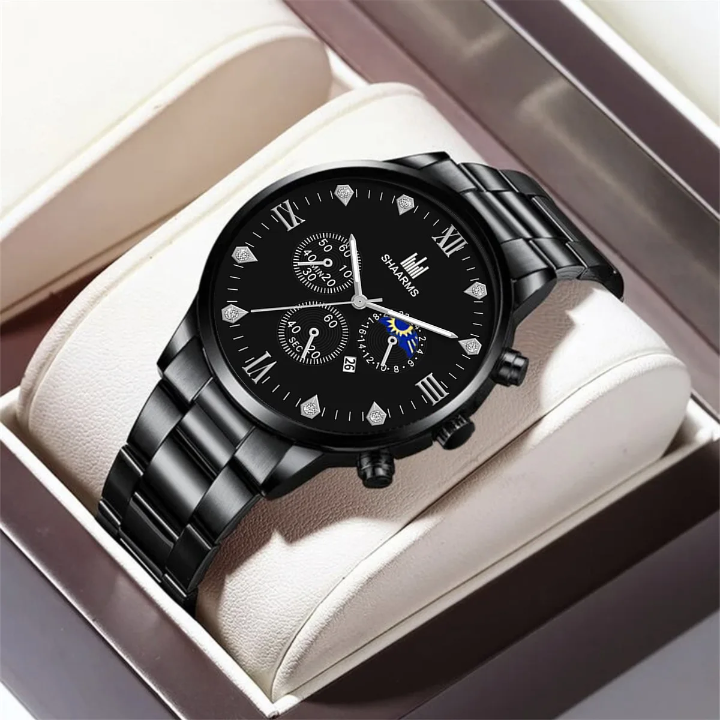 Montre homme SHAARMS + bracelets assortis (stylée, noire, cadran romain, coffret intemporel).