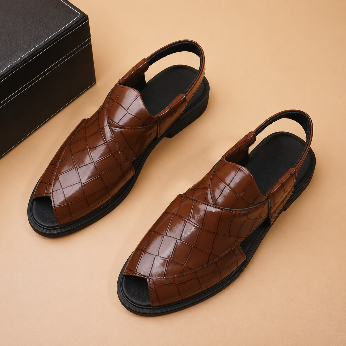 Sandale Peshawari Homme Cuir Croco – Élégance Orientale, Confort Absolu