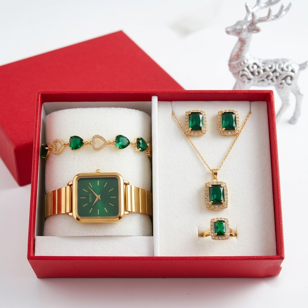 Coffret Luxe XSVO – Montre Dorée & Parure Bijoux Émeraude 6 Pièces