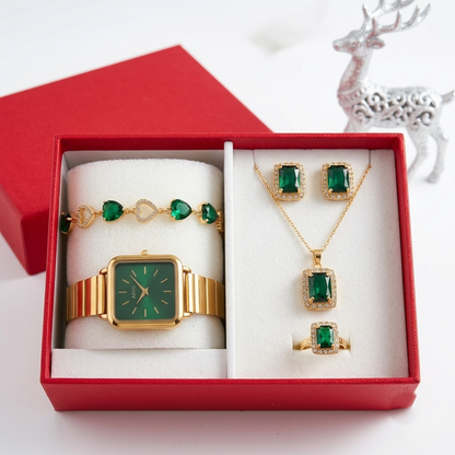 Coffret Luxe XSVO – Montre Dorée & Parure Bijoux Émeraude 6 Pièces