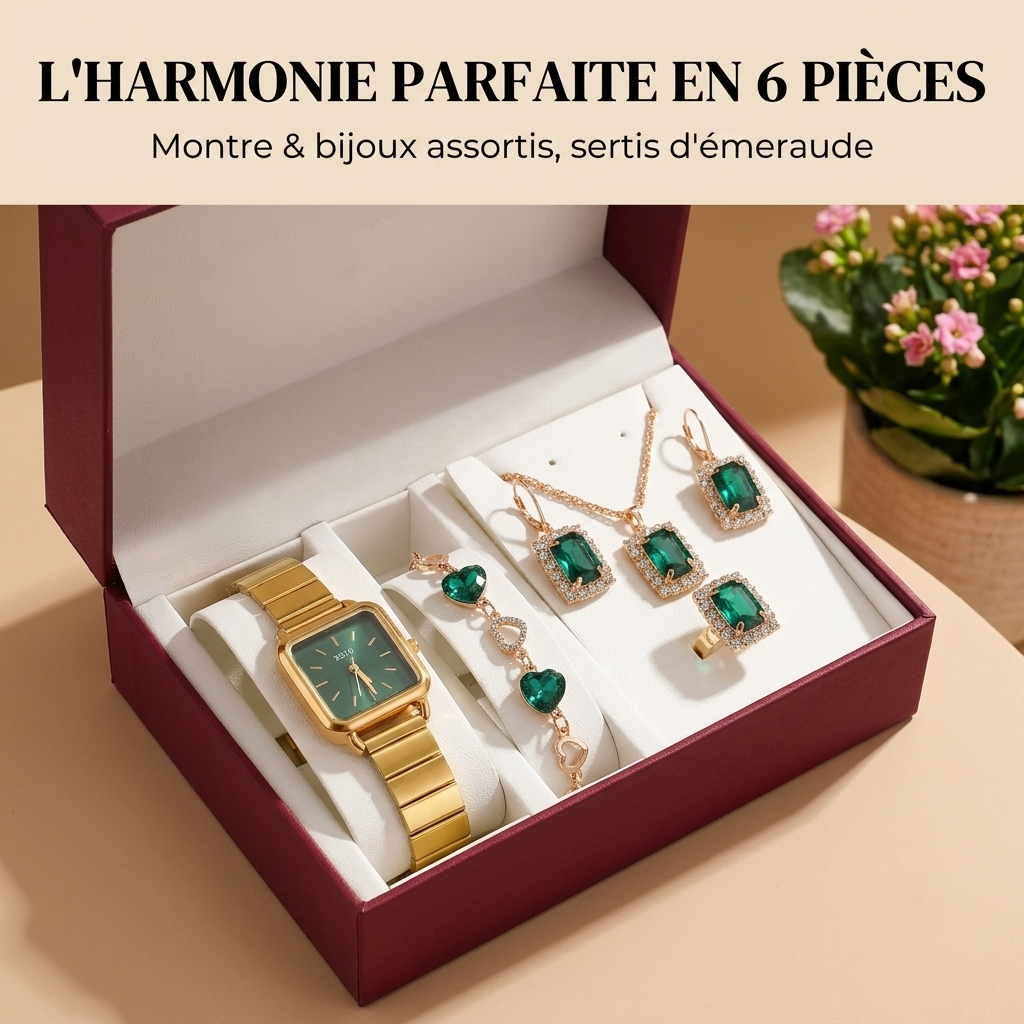 Coffret Luxe XSVO – Montre Dorée & Parure Bijoux Émeraude 6 Pièces