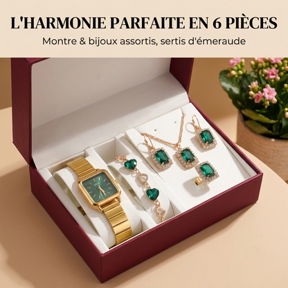 Coffret Luxe XSVO – Montre Dorée & Parure Bijoux Émeraude 6 Pièces