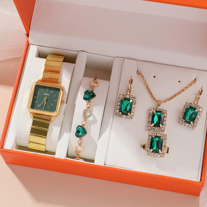 Coffret Luxe XSVO – Montre Dorée & Parure Bijoux Émeraude 6 Pièces